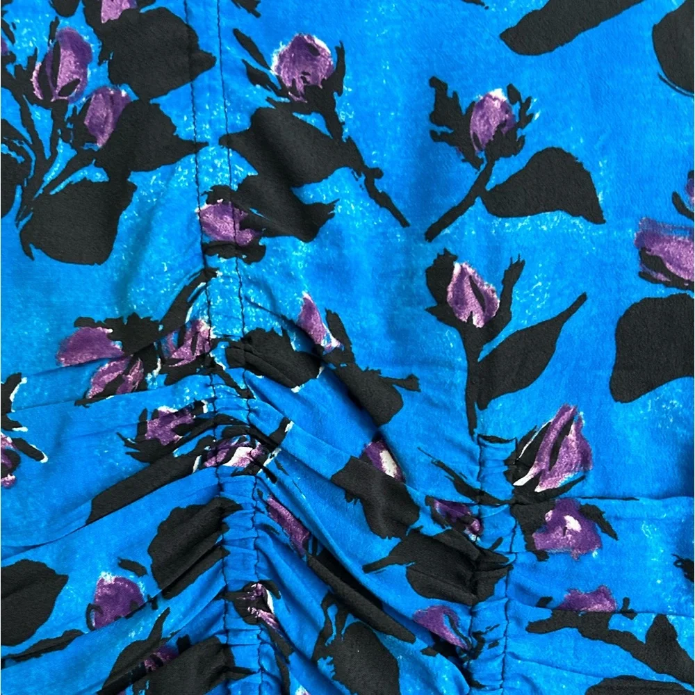 ZARA Blue Flowered Mini Dress Ruched S - Picture 4 of 6